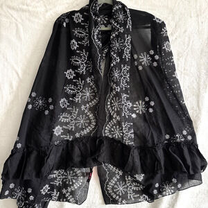 Betsey Johnson Scarf Sheer Oversized Embroidered 32x80' Ruffle Hem Whimsigoth